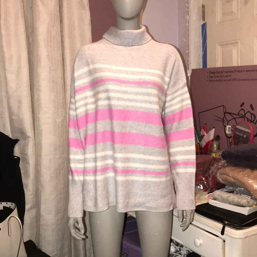 Grey & pink& white striped Turtle neck sweater
